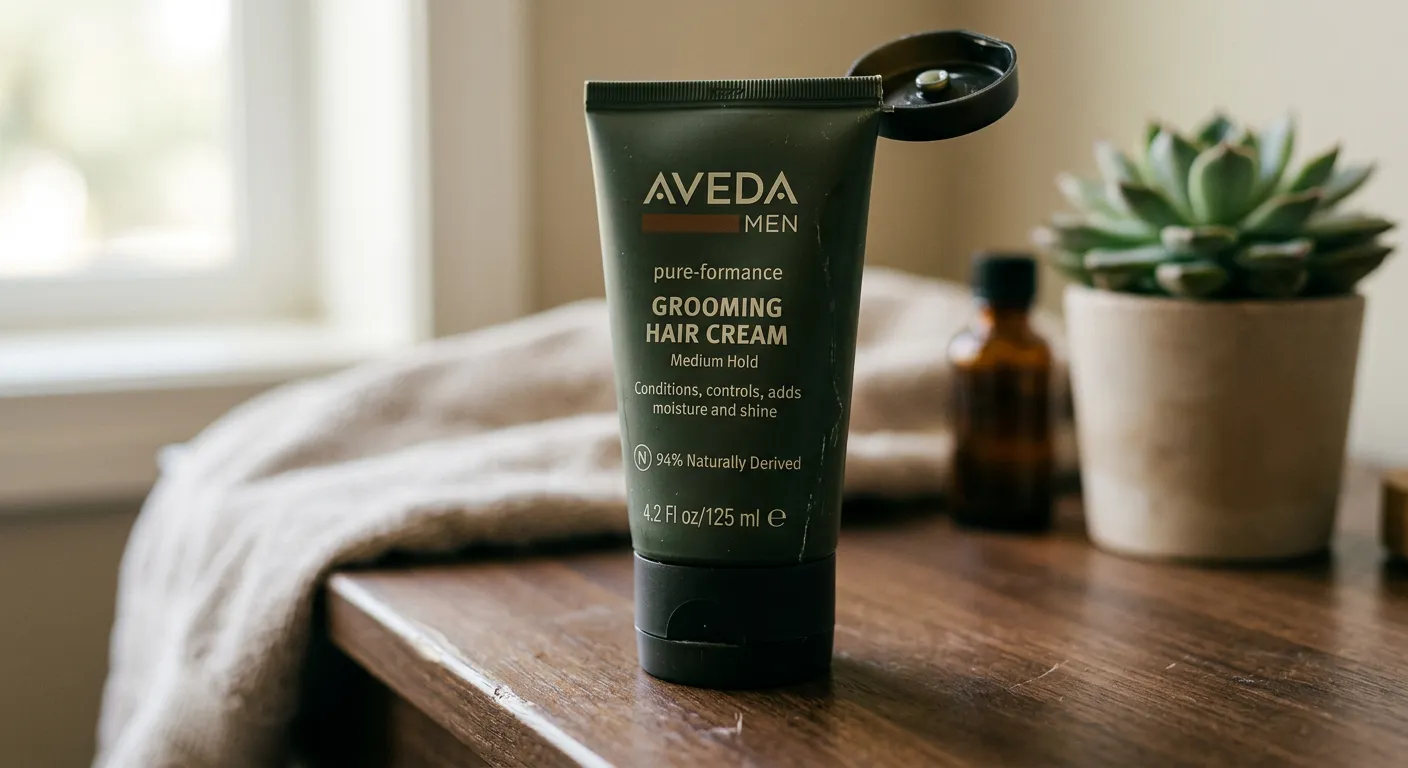 Close-up of Aveda Men Pure-Formance Grooming Hair Cream | Medium Hold | Conditions, Controls, Adds Moisture and Shine, | 94% Naturally Derived, 4.2 Fl Oz features and details