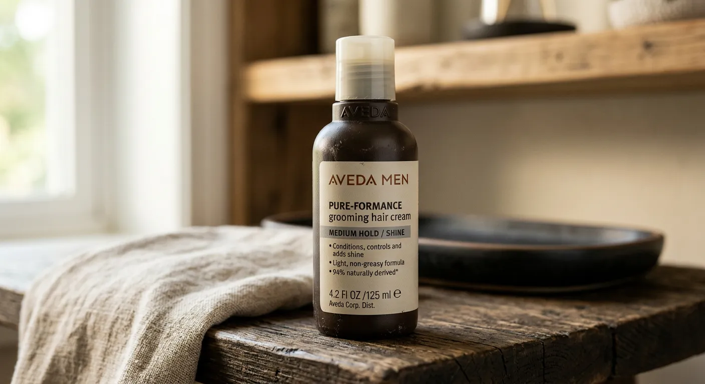 Close-up of Aveda Men Pure-Formance Grooming Hair Cream | Medium Hold | Conditions, Controls, Adds Moisture and Shine, | 94% Naturally Derived, 4.2 Fl Oz features and details