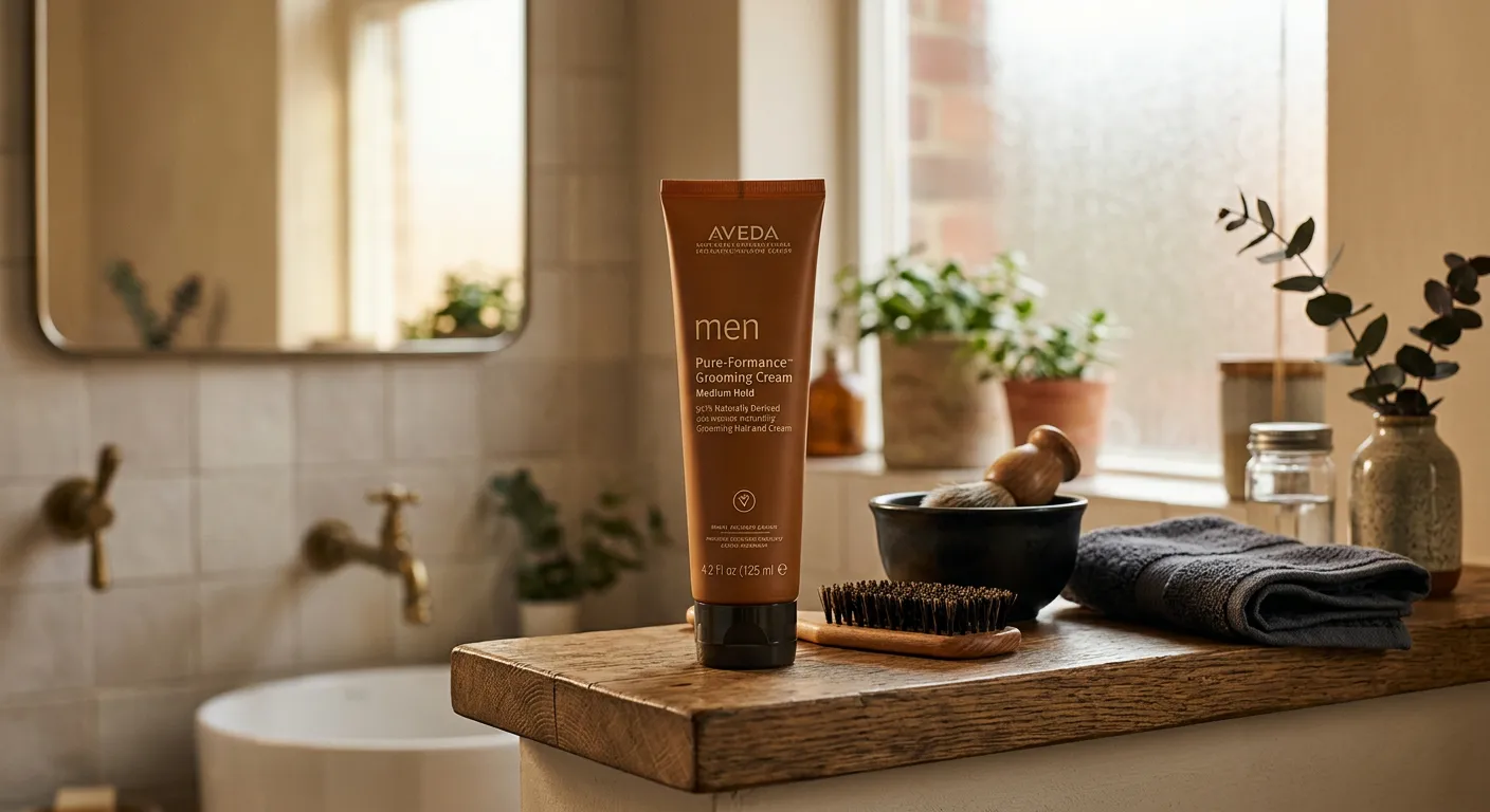 Aveda Men Pure-Formance Grooming Hair Cream | Medium Hold | Conditions, Controls, Adds Moisture and Shine, | 94% Naturally Derived, 4.2 Fl Oz in home setting - lifestyle photo