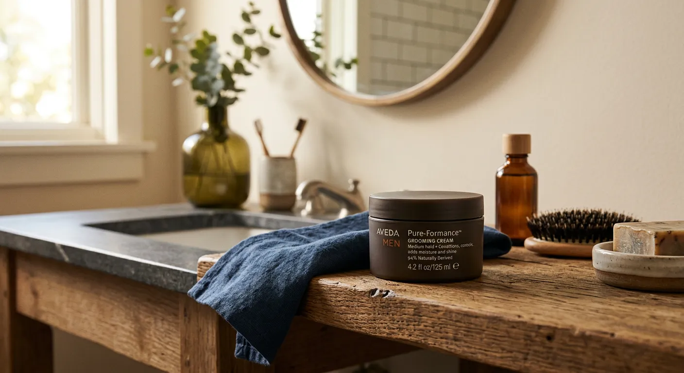 Aveda Men Pure-Formance Grooming Hair Cream | Medium Hold | Conditions, Controls, Adds Moisture and Shine, | 94% Naturally Derived, 4.2 Fl Oz in home setting - lifestyle photo