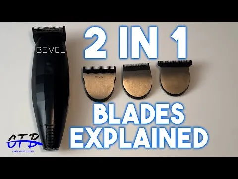 Top-down view of a black Bevel Trimmer and three interchangeable metal blade attachments laid flat on a white surface