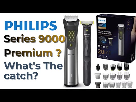 Philips Norelco Series 9000 All-in-One trimmer grooming kit showing the main stainless steel device, OneBlade, retail box, and various attachment guards