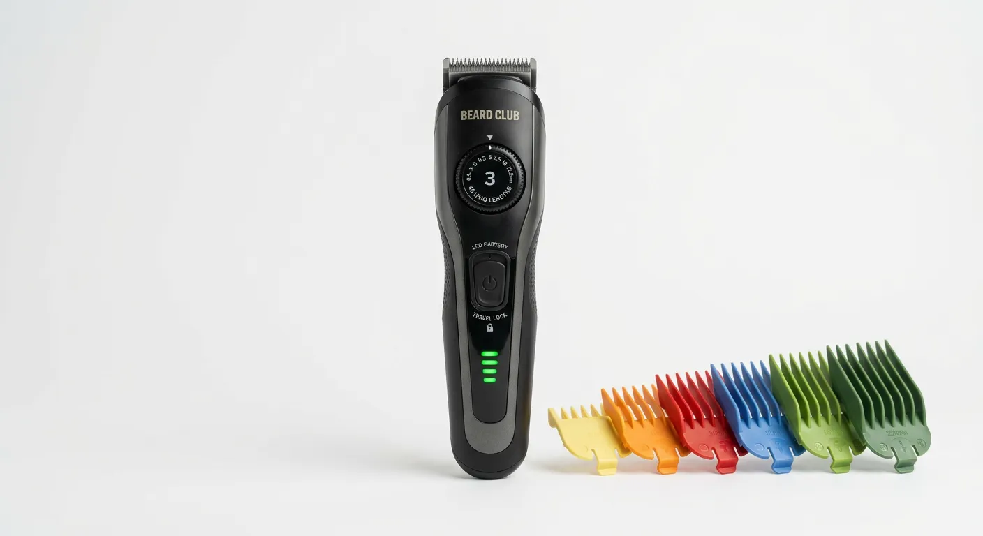 The Beard Club Beard Trimmer for Men - Electric Cordless Rechargeable Beard & Hair Trimmer - High Power 7000 RPM - 8 Color Guides 45 Unique Trim Lengths - Travel Lock product photo - studio shot