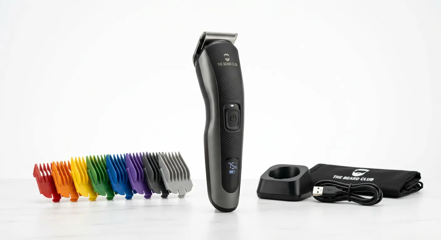 The Beard Club Beard Trimmer for Men - Electric Cordless Rechargeable Beard & Hair Trimmer - High Power 7000 RPM - 8 Color Guides 45 Unique Trim Lengths - Travel Lock product photo - studio shot