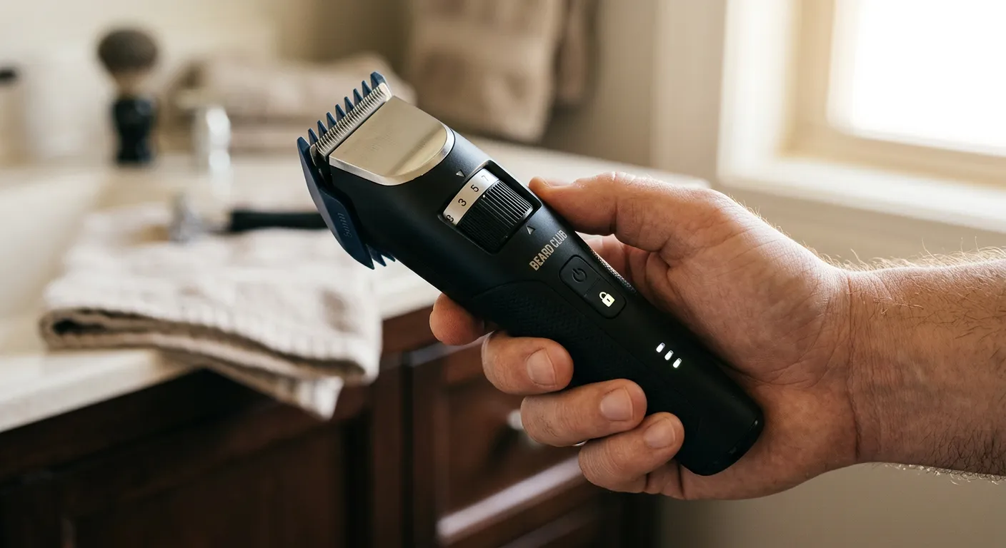 Close-up of The Beard Club Beard Trimmer for Men - Electric Cordless Rechargeable Beard & Hair Trimmer - High Power 7000 RPM - 8 Color Guides 45 Unique Trim Lengths - Travel Lock features and details