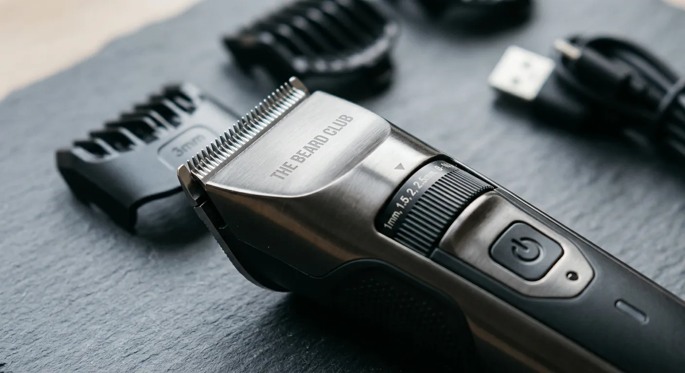 Close-up of The Beard Club Beard Trimmer for Men - Electric Cordless Rechargeable Beard & Hair Trimmer - High Power 7000 RPM - 8 Color Guides 45 Unique Trim Lengths - Travel Lock features and details