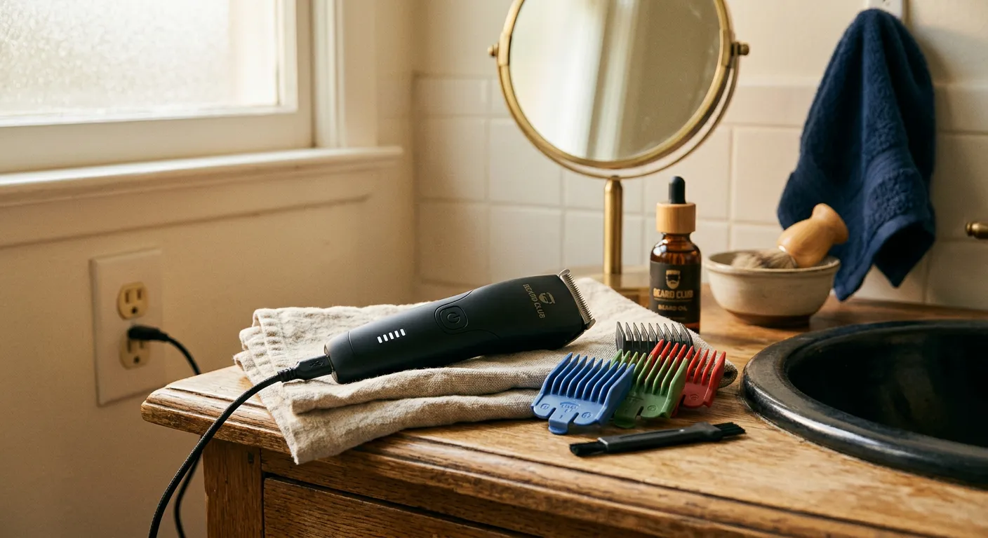 The Beard Club Beard Trimmer for Men - Electric Cordless Rechargeable Beard & Hair Trimmer - High Power 7000 RPM - 8 Color Guides 45 Unique Trim Lengths - Travel Lock in home setting - lifestyle photo