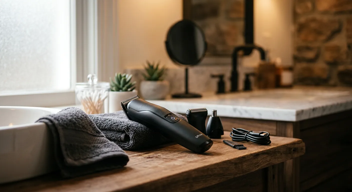 Ufree 3-in-1 Beard Trimmer for Men, Valentine Gifts for Men, IPX6 Waterproof Men's Electric Razor Shaver for Mustache, Professional Hair Trimmer Clippers, Type-C Body Grooming Kit in home setting - lifestyle photo